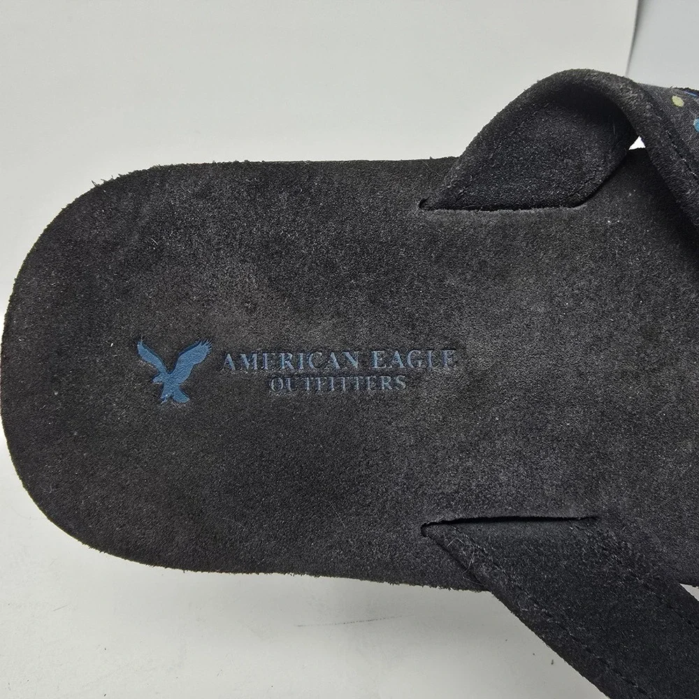 American Eagle Outfitters Womens Black Suede Flip Flop Sandals Polka Dot Straps
